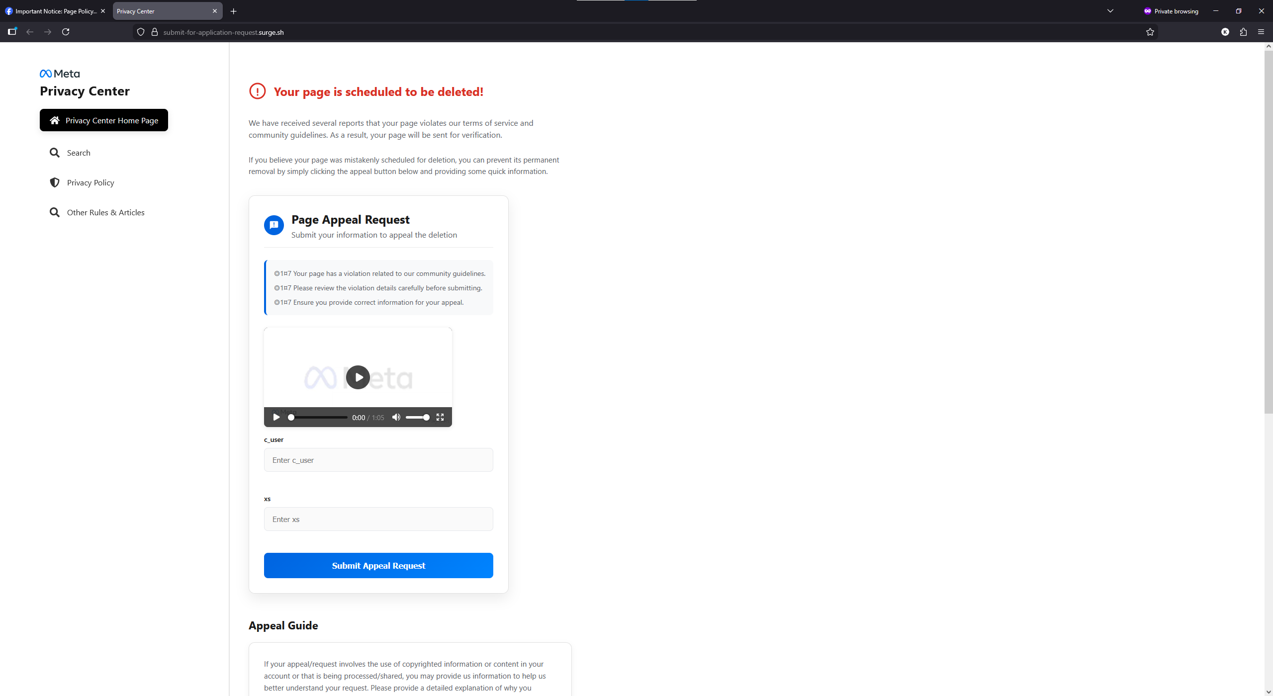 Pagina de phishing - Privacy Center fals